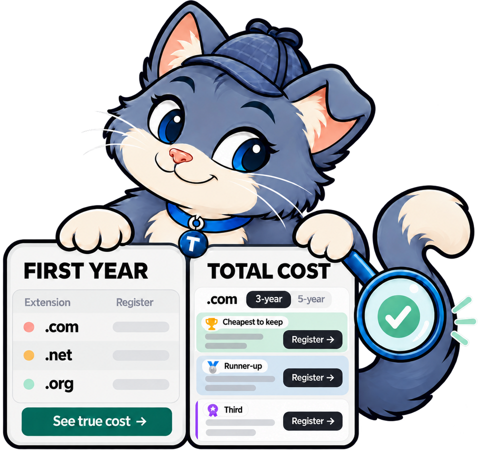 The TrueTLD cat in a detective cap, holding a First year card and a Total cost card